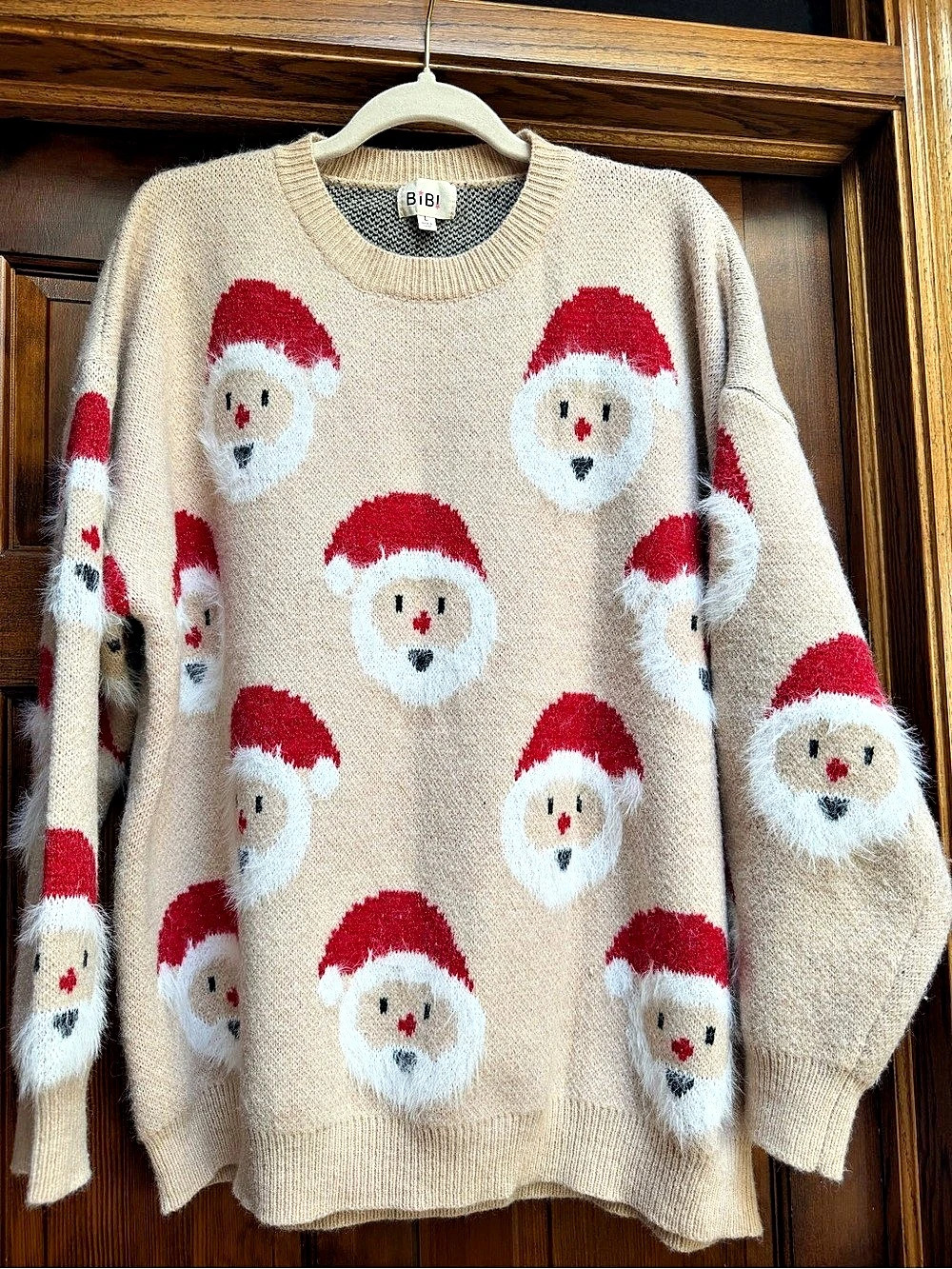 BiBi Santa face sweater Cream & Red, Size Large
